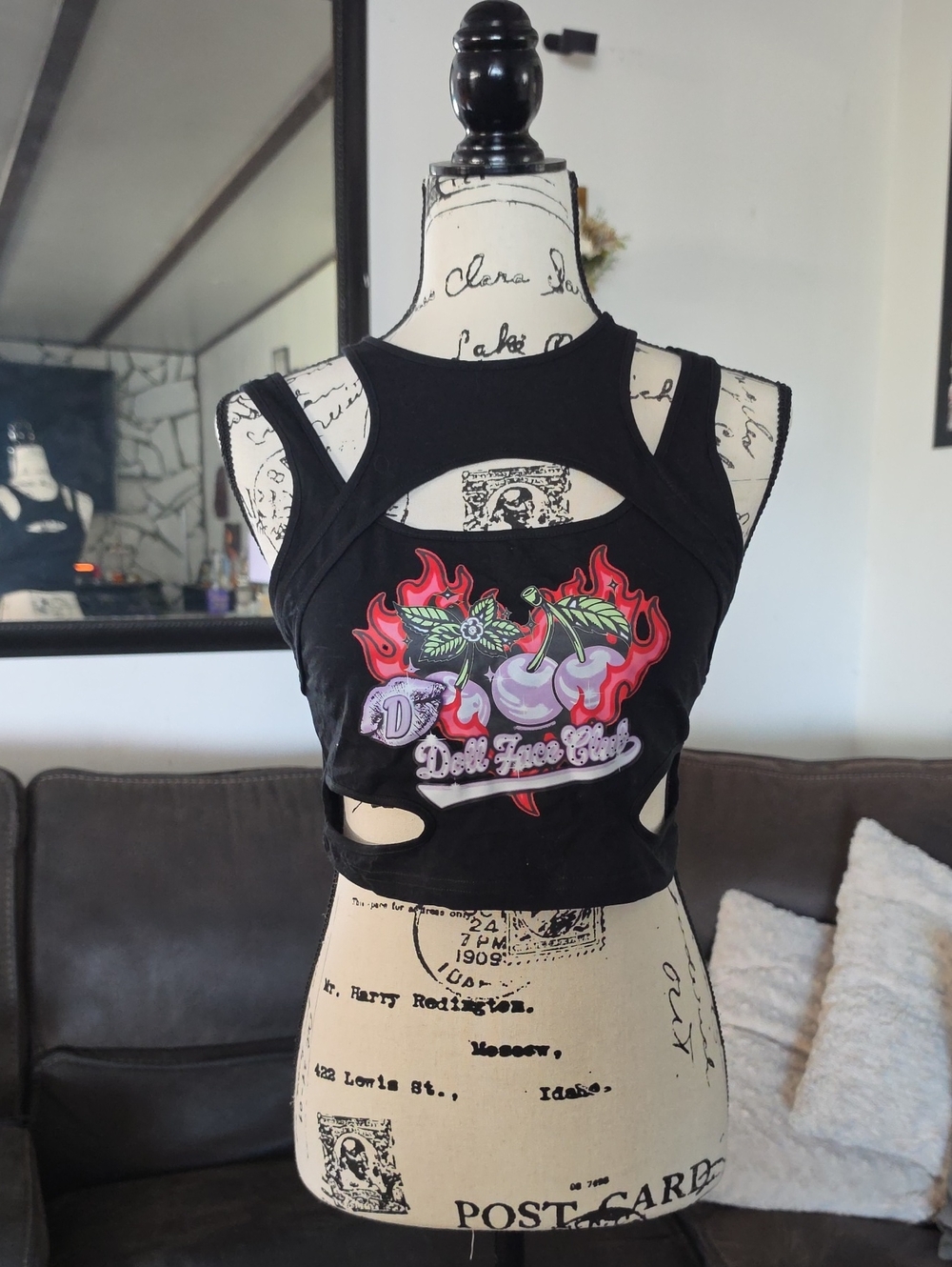 Dollface Club Black Cutout Tank Top - Cherry Flame Design